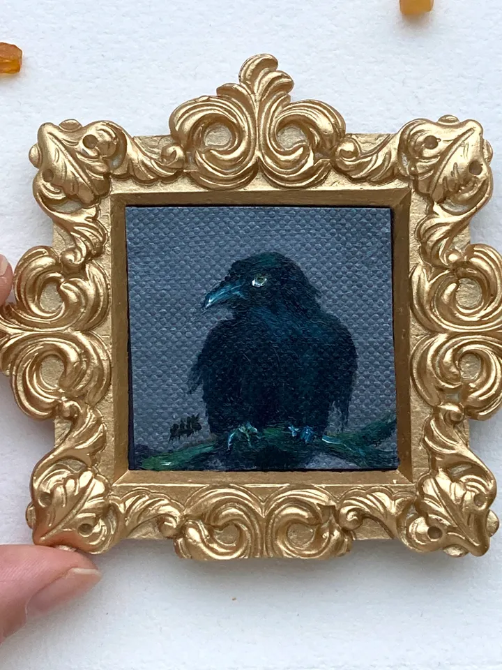 Framed Raven Painting Small Original Witch’s Friend Artwork Crow Art Tiny Oil Painting Bird