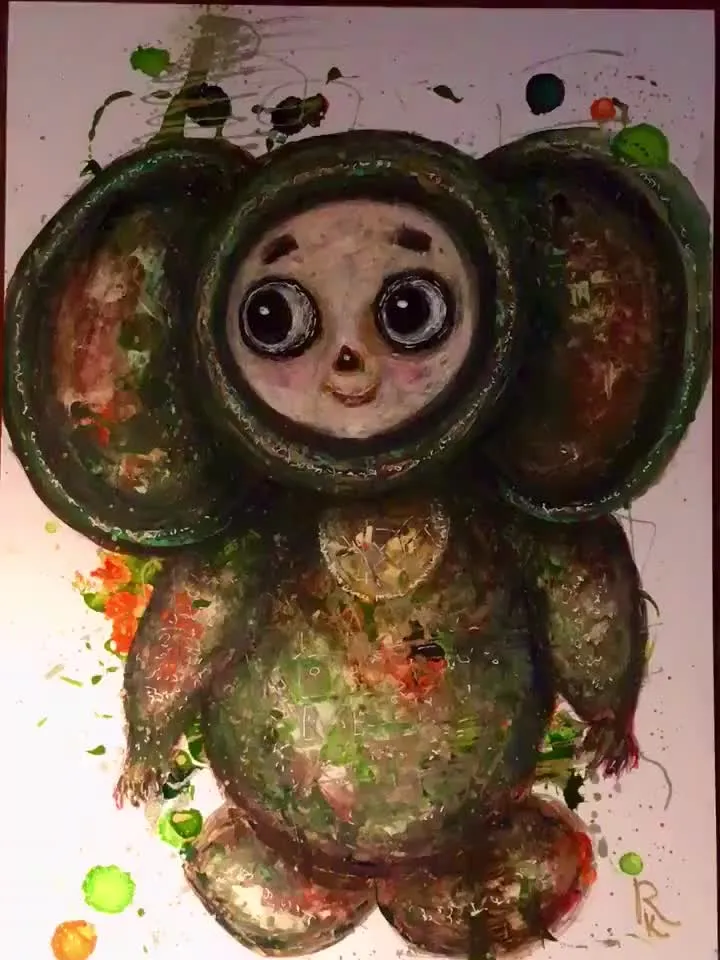 Cheburashka painting,cheburashka original watercolour mix media artwork on yupo paper,one of a kind painting,nurserywall decor,gift