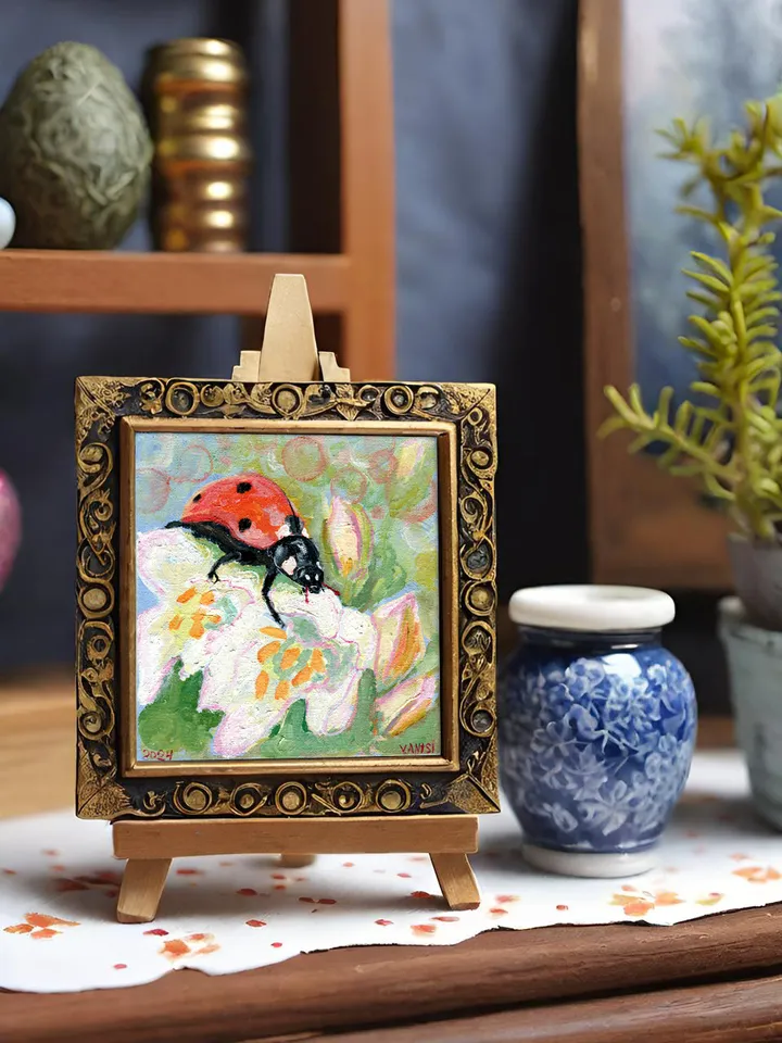 Ladybug Painting Original Art Animal Flower Painting Floral Small Art Insect