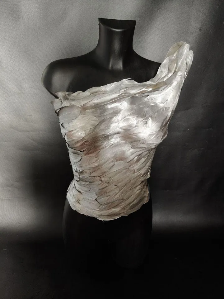 silver corset with feathers, cuirass, feather plate