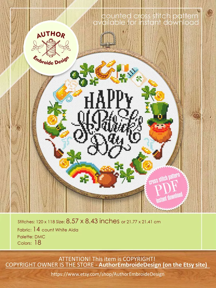 St Patricks wreath cross stitch pattern download PDF St Patrick day cross stitch, Irish pattern digital PDF, Saint Patrick home decor #T33