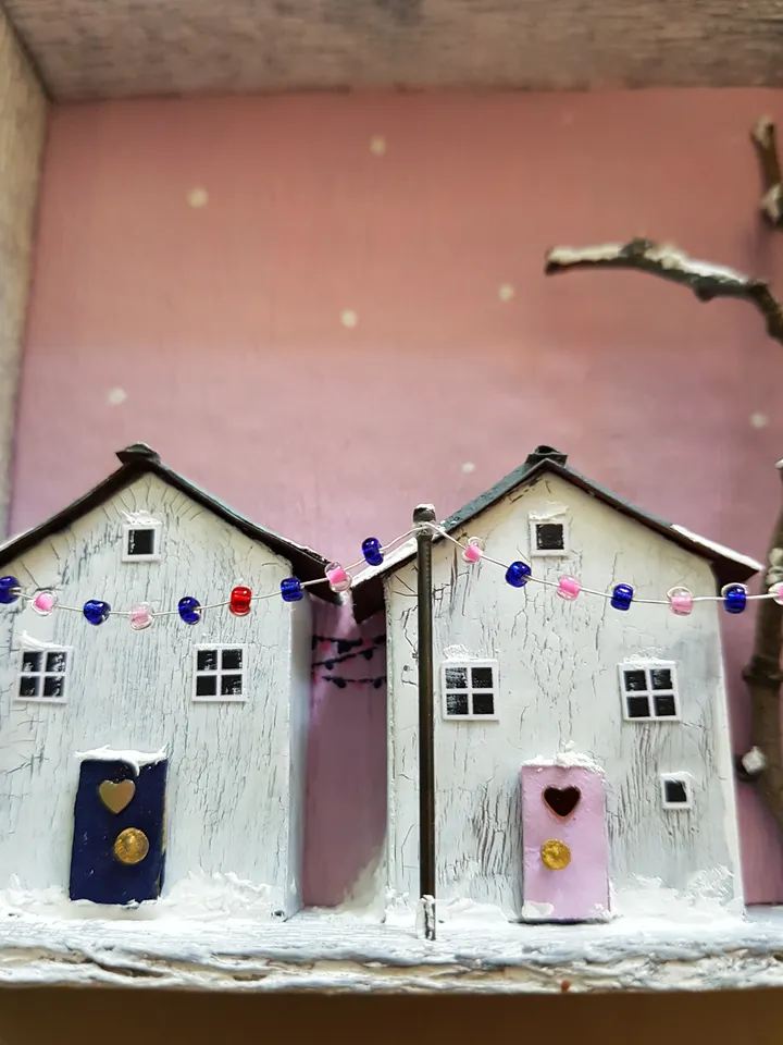 Miniature Christmas Houses Shadow Box 3D painting