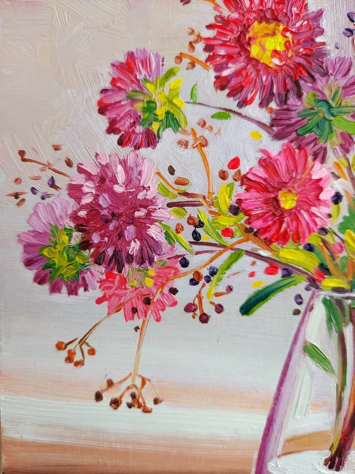 Asters Flowers Original Oil Painting Wall Art