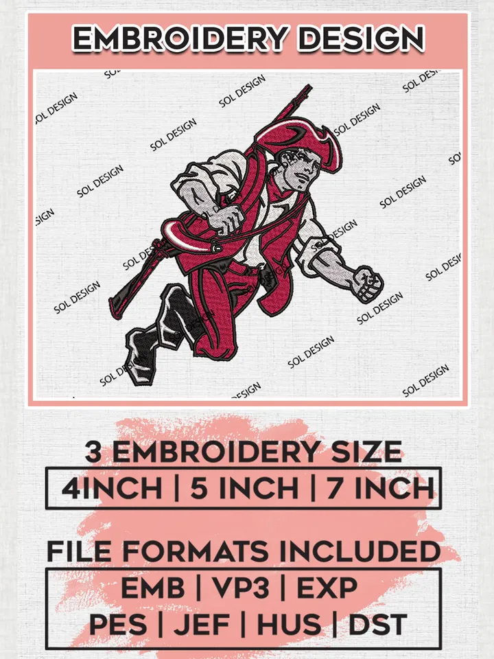 Massachusetts Minutemen College Football Team Mascot Logo Embroidery Design Files, NCAA Massachusetts Minutemen Machine Embroidery, NCAA Teams, 3 sizes, NCAA Machine embroidery designs, Digital Download