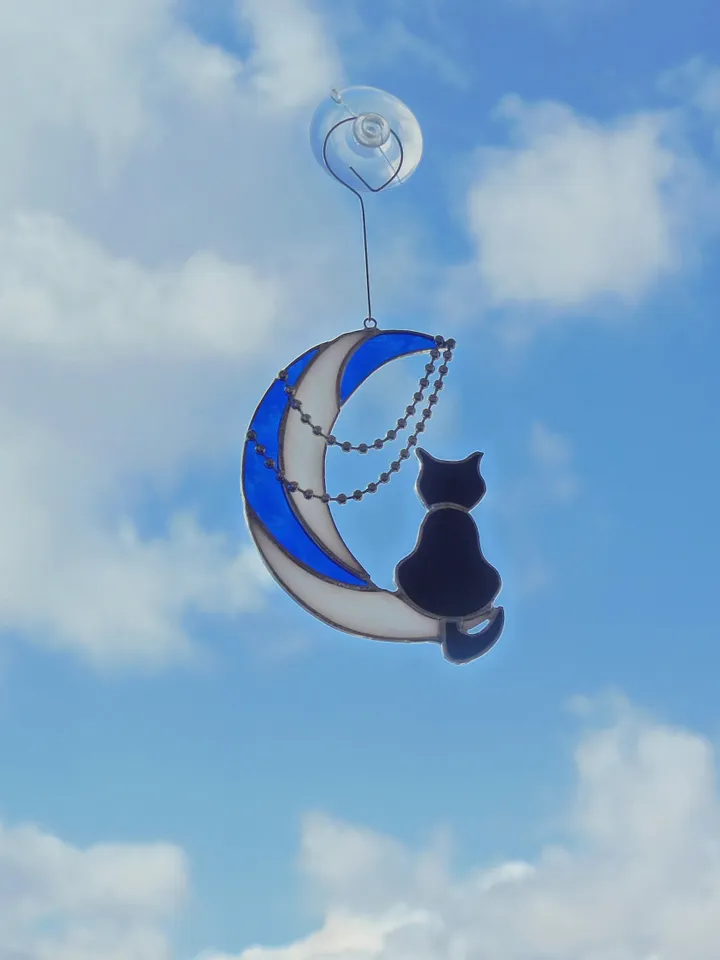 Black Cat On Moon with Chains . Art stained glass hanging Suncatcher . Gift for animal lover , pet loss memorial White , blue and black