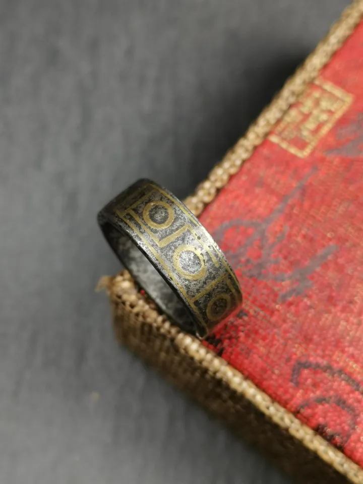Gandhanra Unique Handcrafted Tibetan Dzi Ring | Protection Jewelry | Cold Iron & Copper Inlay | Adjustable Size | Tibetan Craftsmanship
