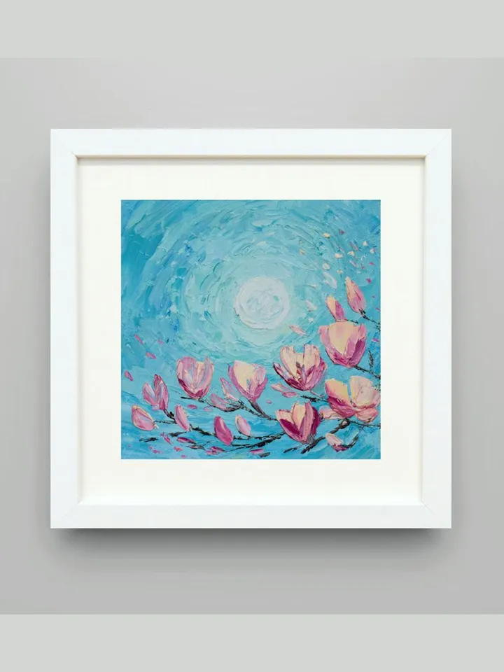 Magnolia painting Flower Small artwork Full moon night Original Art Flowering branches painting by Juliya JC