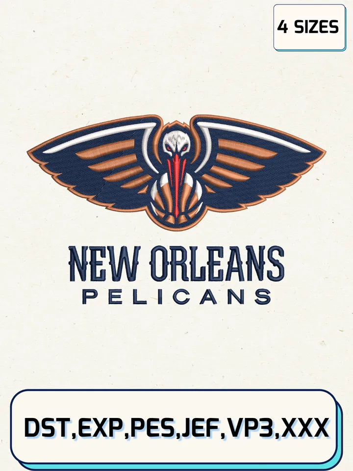 New Orleans Pelicans Logos Embroidery Design Files,NBA Logos Embroidery Designs,Machine Embroidery Files,4 Sizes
