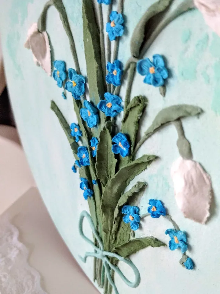 Bouquet of forget-me-nots and snowdrops painting Floral painting gift Home decor Roud painting with 3D forget-me-nots and snowdrops Wall decor for Gift for woman Floral painting Wildflower Home decor Mom gift