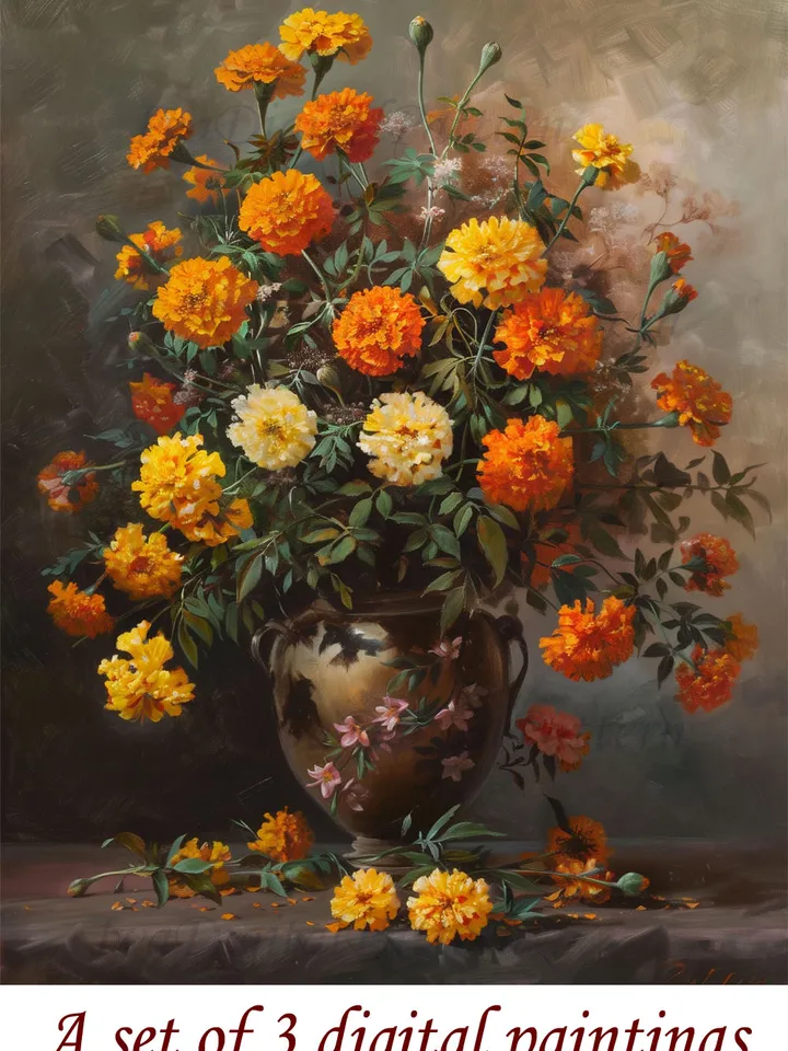 Art Print Digital Set of 3 vintage Renaissance paintings of roses, daisies and marigold flowers. Wall art. Home Decor. Instant download.