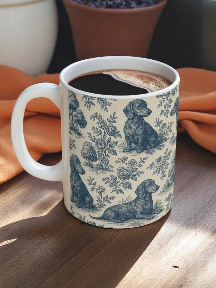 Dachshund French Toile de Jouy Ceramic Mug, Toile Coffee Cup for Doxie Mom, Sausage Dog Lover Gifts, Dog Tea Drinkware, Gift For Dog Lovers