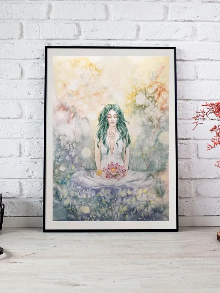 Spiritual Original Painting Meditation Painting Watercolor Woman Wall Art