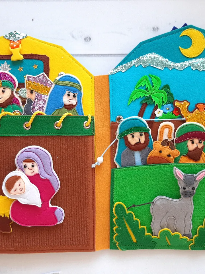 Bible quiet book pattern, Birth of Jesus Felt book pattern, Quiet book ideas, Soft montessori book pattern, Activity book pdf for toddler