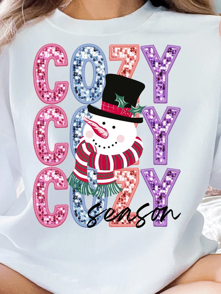 Cozy Season, Faux Embroidery, Sequin, Glitter, Christmas PNG, Christmas Design, Snowman | PNG Sublimation Design Digital Download, Trendy