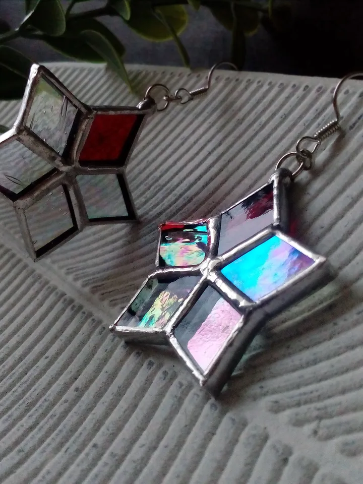 Star drop earrings, flower dangle earrings, geometric earrrings, Iridescent drop earrings, simple stained glass