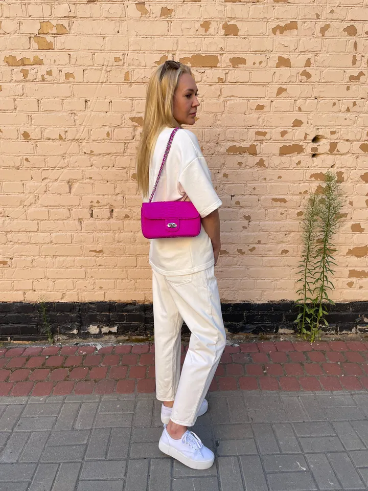Genuine python skin midi crossbody bag fuchsia colour, summer bright chain crossbody, elegant classy crossbody bag genuine leather summer