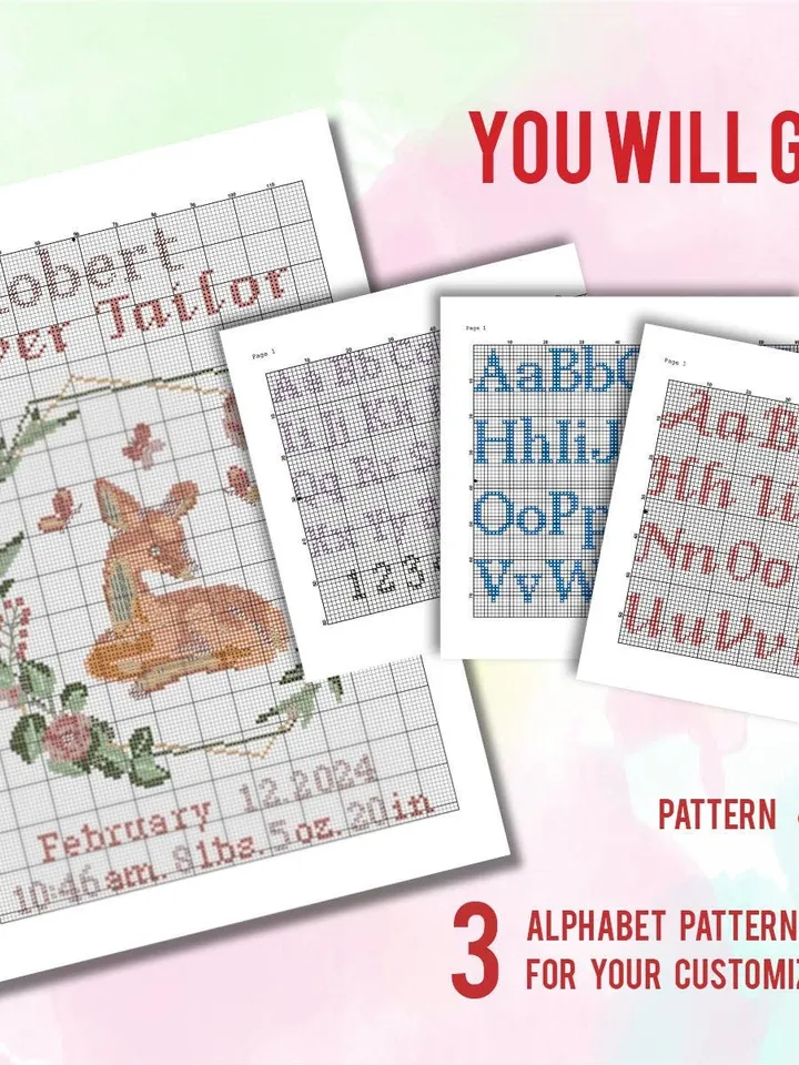 Deer  Birth announcement cross stitch pattern, baby, personalized, boy girl nursery decor, counted, chart, gift DIY, embroidery, instant PDF