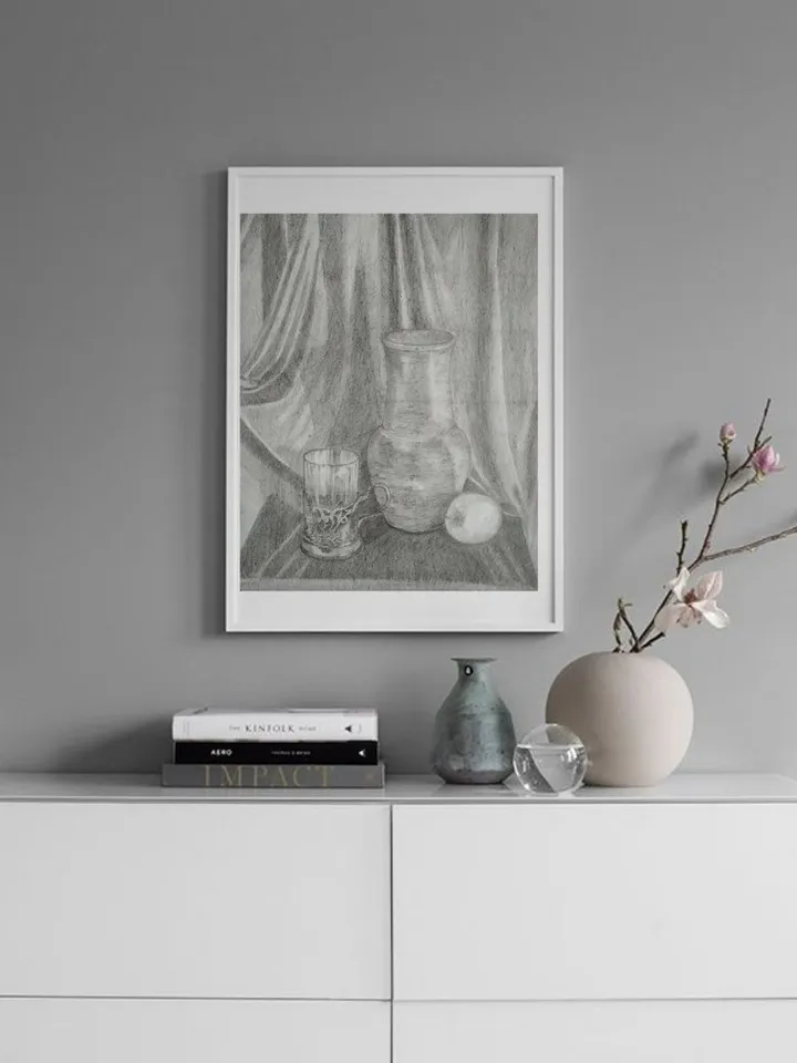 Still life pencil drawing coaster apple fabric vintage paper 12x8 inches