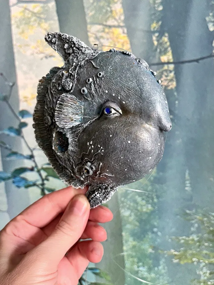 Suspended papier-mâché figurine Fish Moon. Art sculpture from papier-mache - series “Sea”. Unique interior decor handmade. Unusual interior pendant for your collection.
