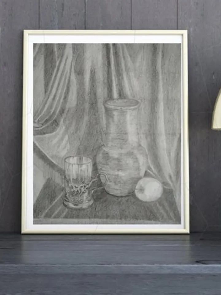 Still life pencil drawing coaster apple fabric vintage paper 12x8 inches