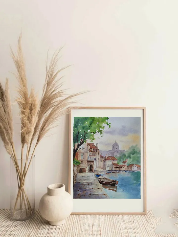 Original Watercolor Painting Cozy Landscape Art Italian Town Artwork Town Siesta Picture Sunny Day 30x40 cm by SoftWaves
