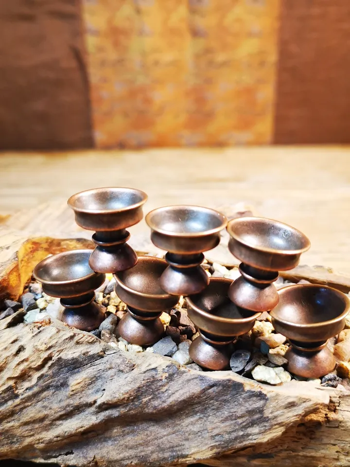 Gandhanra Handmade Mini Tibetan Buddhist Offering Butter Lamps,Made of Red Copper,1 Set of 7 Lamps