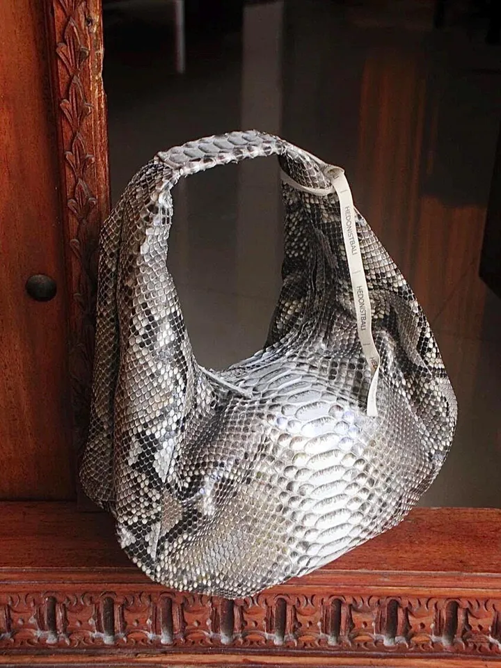 Medium Soft Hobo Classy Sport Woman Bag | Purse Genuine Python Skin | Reptile Skin Products | Gray Elegant Leather Designer Soft Bag Snake