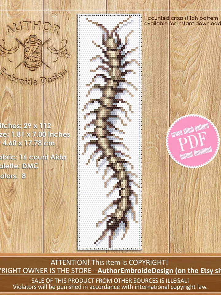 Insect bookmark cross stitch pattern PDF instant download, Spooky centipede cross stitch chart, Easy bookmark embroidery, Insect art #B160