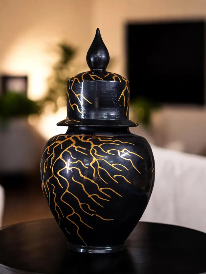 Handmade Large Jar with Lightning-Inspired Gold Accents | 45 cm Decorative Art Object, Home Decor