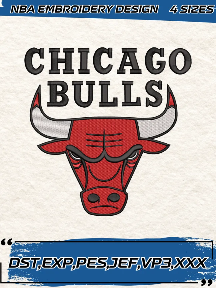 Chicago Bulls Logo Embroidery Designs,NBA Logo Embroidery Files, Machine Embroidery Design File, 4 Sizes,Digital Download