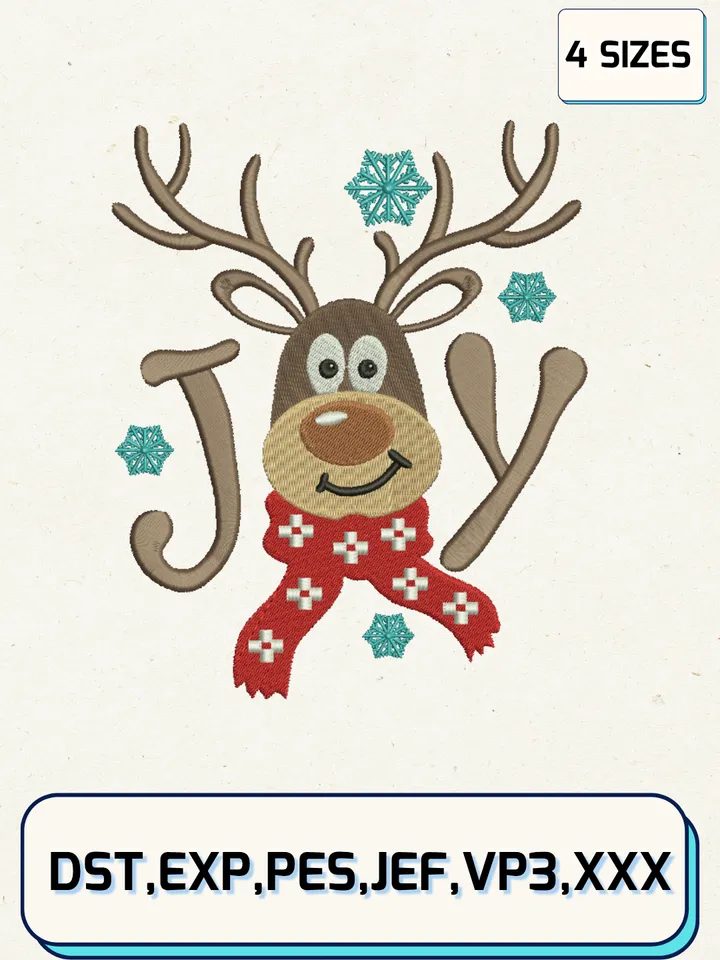 Joy Reindeer Embroidery Design Files,Christmas Embroidery Designs,Machine Embroidery Files,4 Sizes