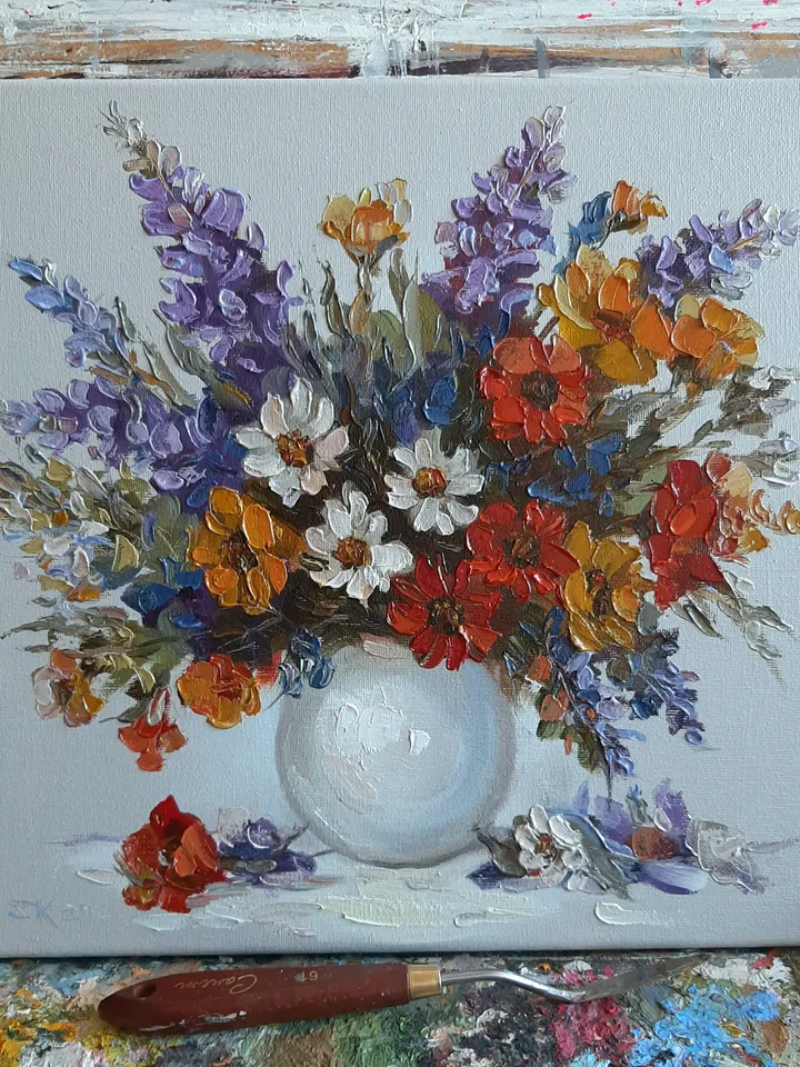 Flower oil painting Original art Wildflowers painting Palette wall art
