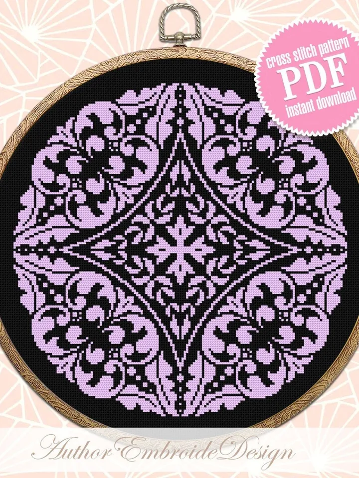 Flower mandala cross stitch pattern PDF download Monochrome cross stitch chart, Simple mandala pattern digital PDF, Mandala ornament #M262