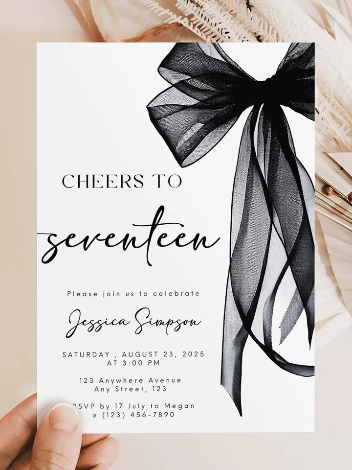 Coquette Black Bow 17th Invitation, Editable Seventeenth Birthday Party Invite, DIY Digital Black Ribbon, Cheers to Seventeen Invite