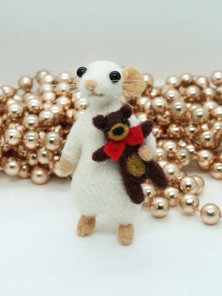 Milo the mouse, miniature needle felted mouse with a Teddy bear toy, made to order