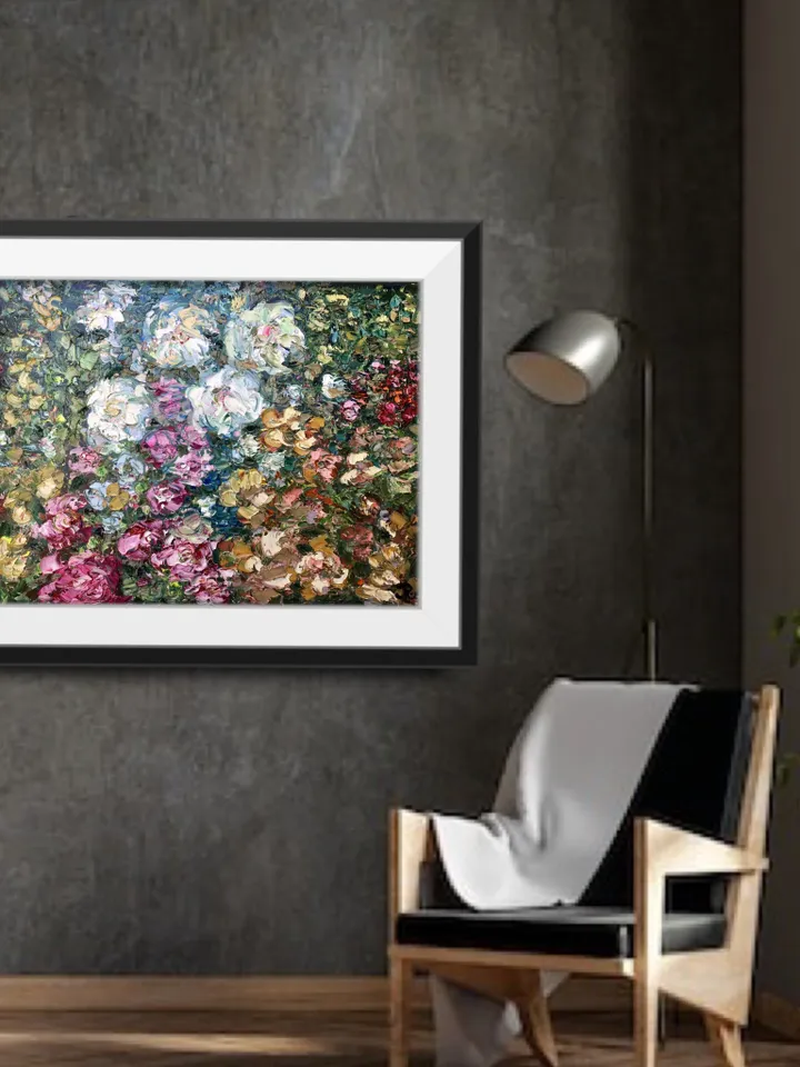Flower garden,original oil impasto painting on canvas,floral landscape painting,pink white flowers painting on large canvas,wall decoration