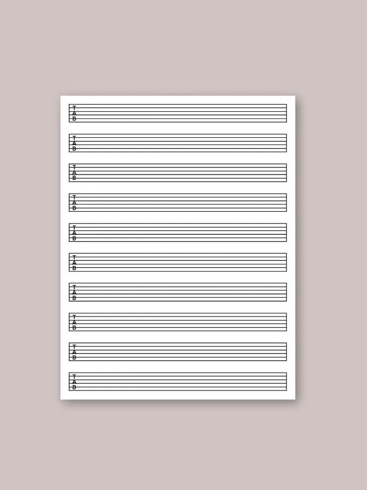 Printable guitar tab paper. Blank guitar tab printable. Guitar tablature paper. Blank guitar music sheet with TAB clef