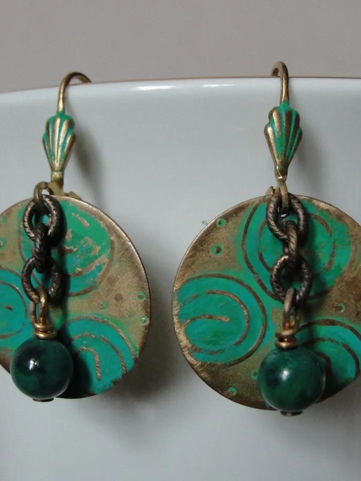 Boho Shabby chic Vintaj solid and natural brass Chrysocolla Textured patinated earrings with chain