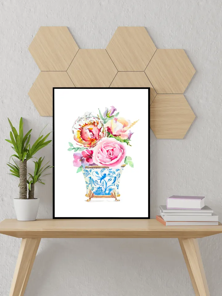 Watercolor Flowers Chinoiserie Home Decor Wall Art Flower Wall Art Flower Illustration Watercolor Pions Bleu White Decor Asian Vases Print