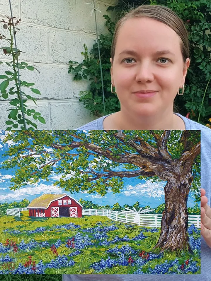 Red Barn Painting Bluebonnet Original Art Texas Wall Art Impasto Oil Painting
