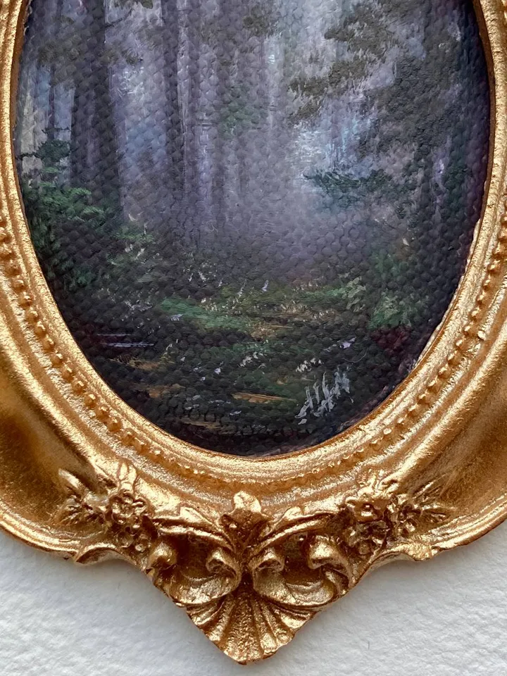 Forest Landscape Oil Painting Original In Vintage Style Frame Small Framed Oval Painting Art