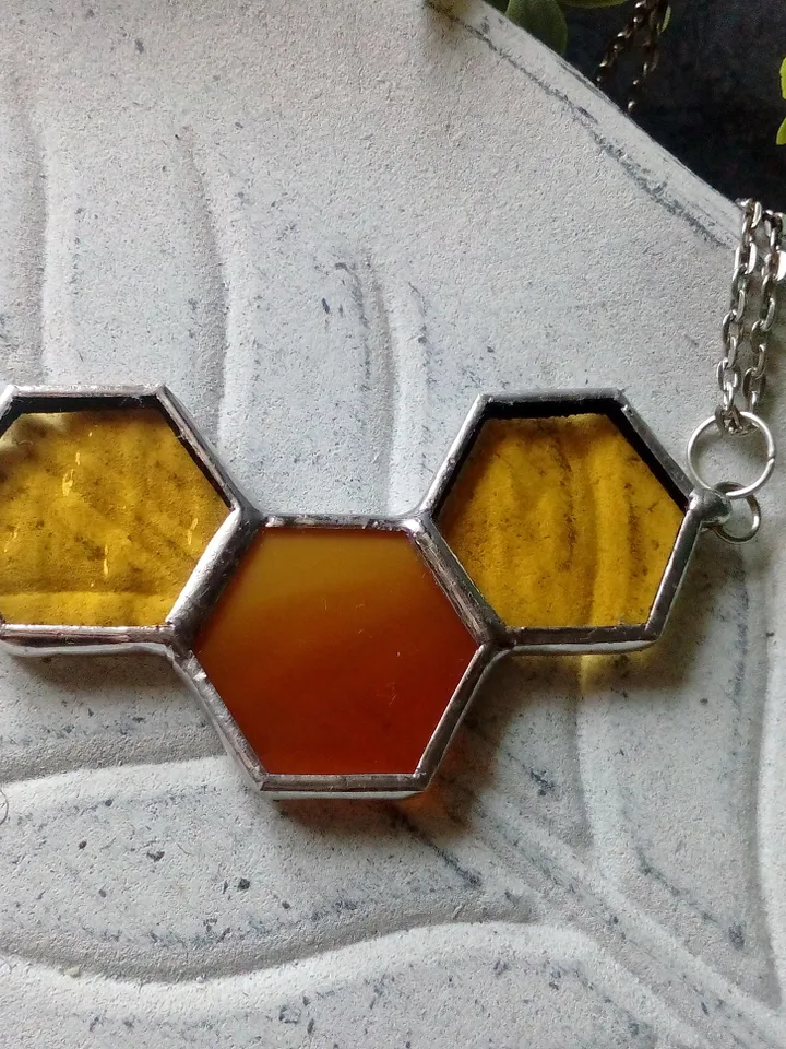 Honeycomb glass necklace, stained glass honeycomb, honey bee decor, bee art, honey bee jewelry, bee lover gift,