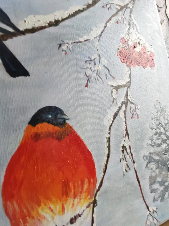 Bullfinches in winter oil on canvas 40*30 cm snow mountain ash birds