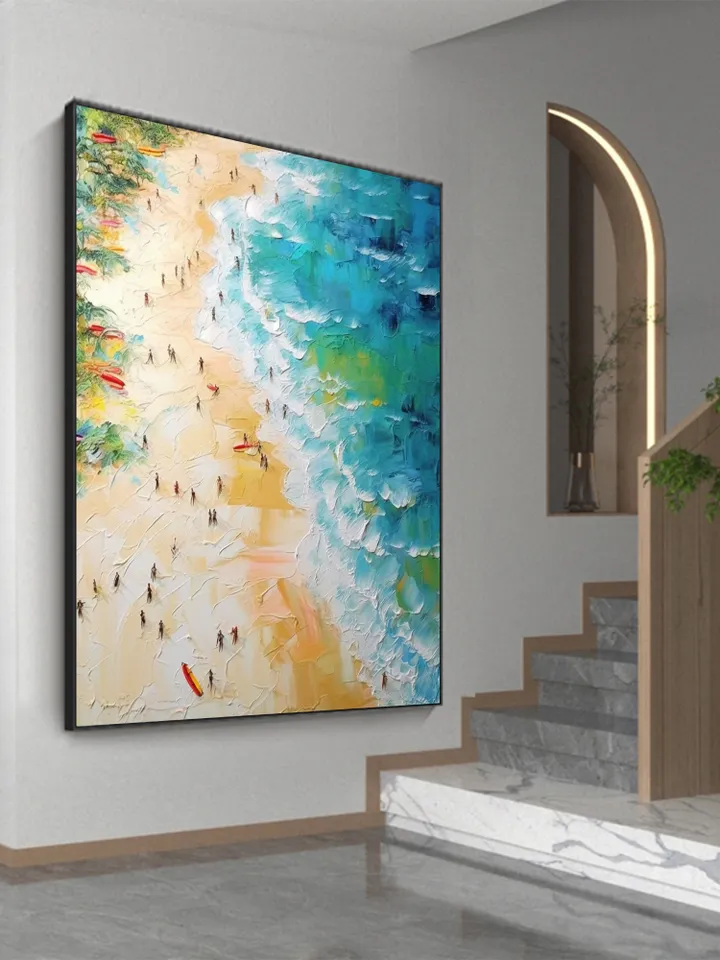 Original Beach Painting On Canvas, Summer Seaside Oil Painting, Golden Beach Art, Office Living Room Wall Art, Large Wall Art, Home Decor