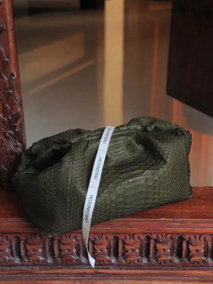 Genuine python skin khaki pouch bag | exotic leather bags | small size soft clutch | green designer bag | gift for her | classy purse