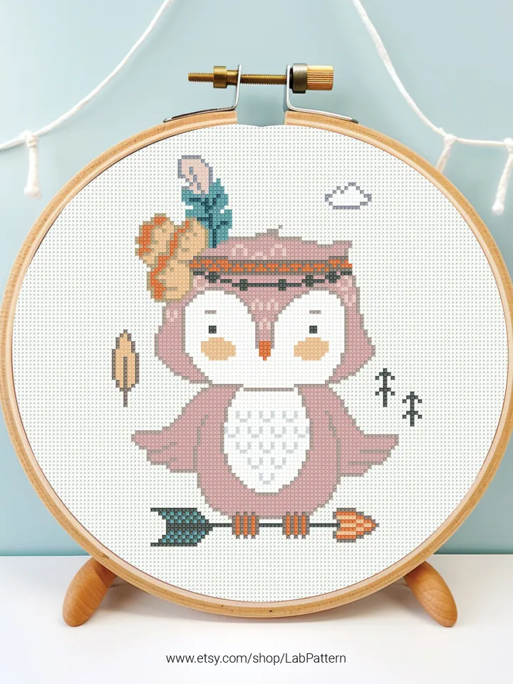 Owl Boho Style aesthetic mini cross stitch pattern, baby, animal, boy girl nursery decor, counted, chart, gift DIY, embroidery, instant PDF