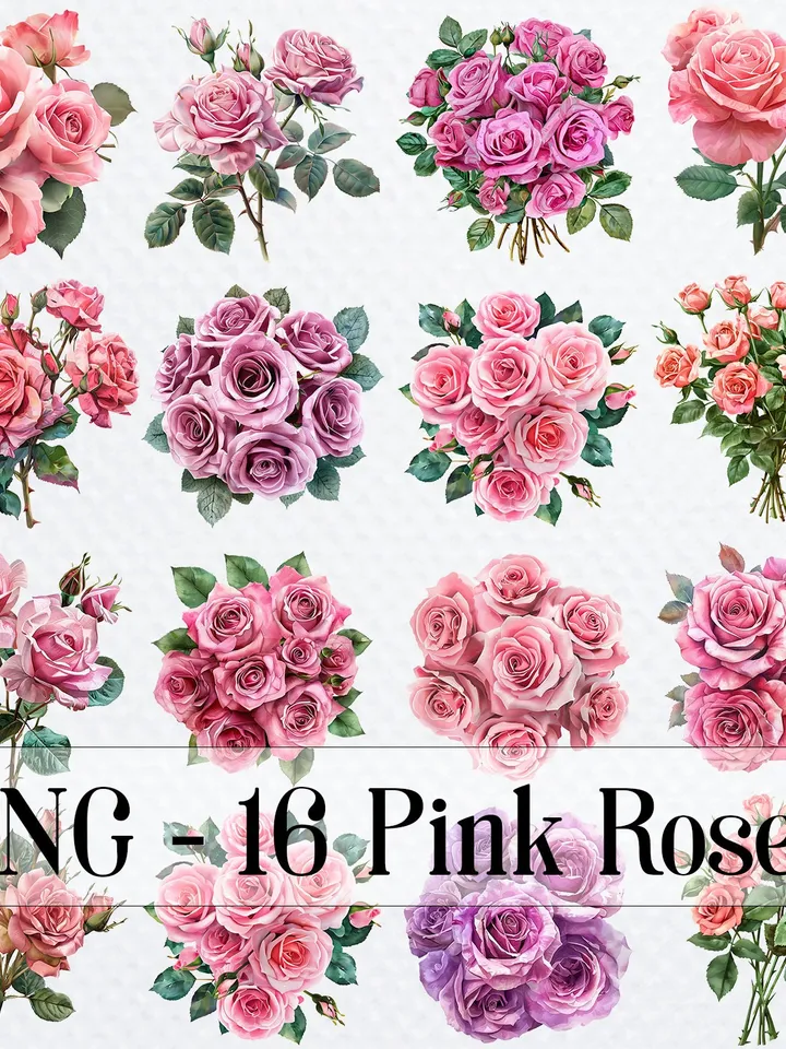16 Pink Roses PNG Bundle, Watercolor Roses bouquet for sublimation, Paper craft, Printable Roses clipart, Digital download, junk journals