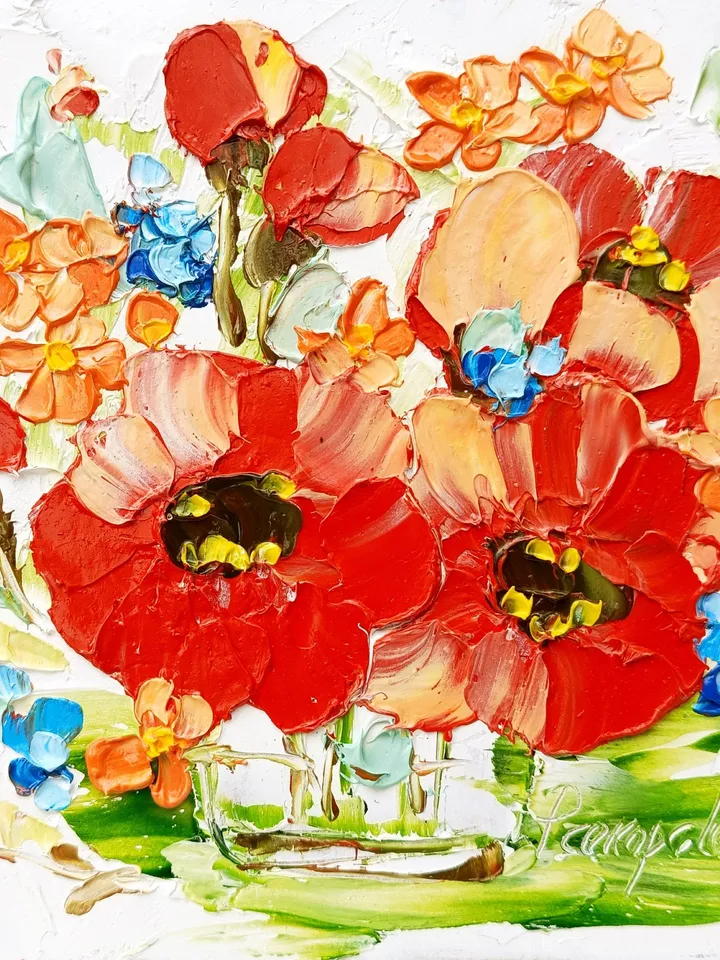 Poppies Impasto Oil Painting Abstract Flowers Original Art Neutral Floral Wall Art Rustic Decor Mother's Day Gift by ArtProkopaloSv