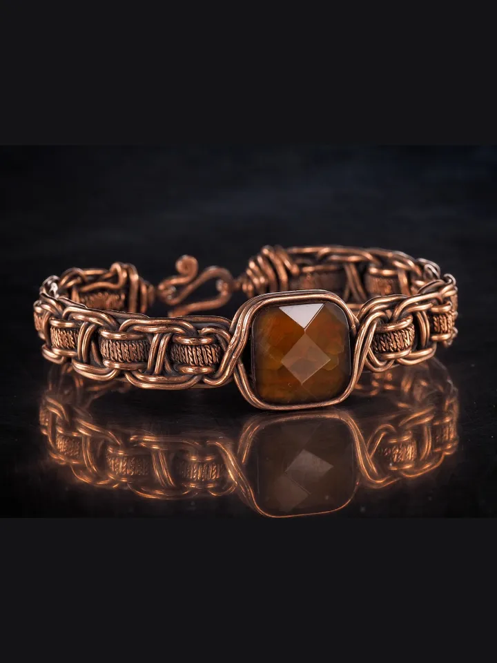 Copper wire wrapped brown agate bracelet Unique woven copper wire bangle