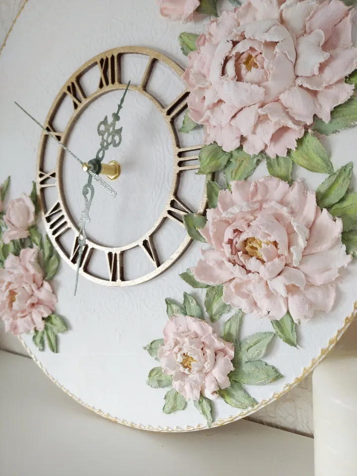 White wall clock with pink 3D peonies Shabby chic wall decor Large wall clock with flowers Wedding gift Mother day gift